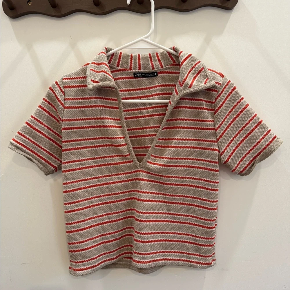 Zara Retro Striped V-Neck Short Sleeve Top - Picture 3 of 5